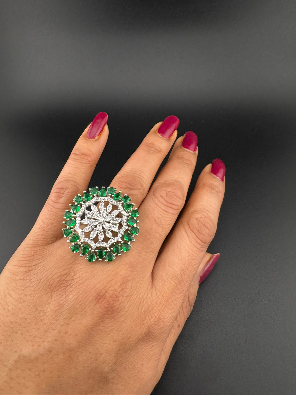 Premium Silver color Adjustable Big Ring in Crystals and Cubic Zirconia in Unique Design