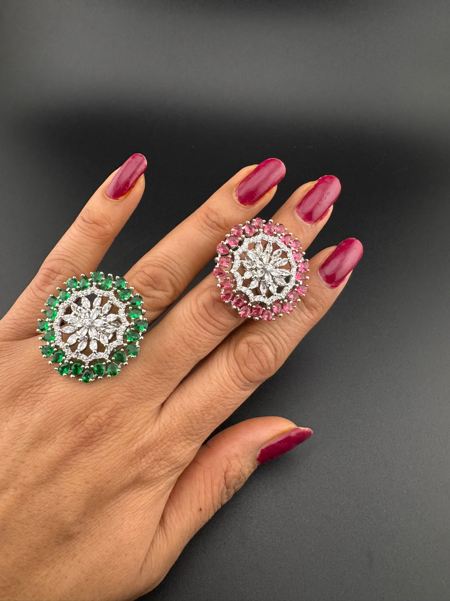 Premium Silver color Adjustable Big Ring in Crystals and Cubic Zirconia in Unique Design