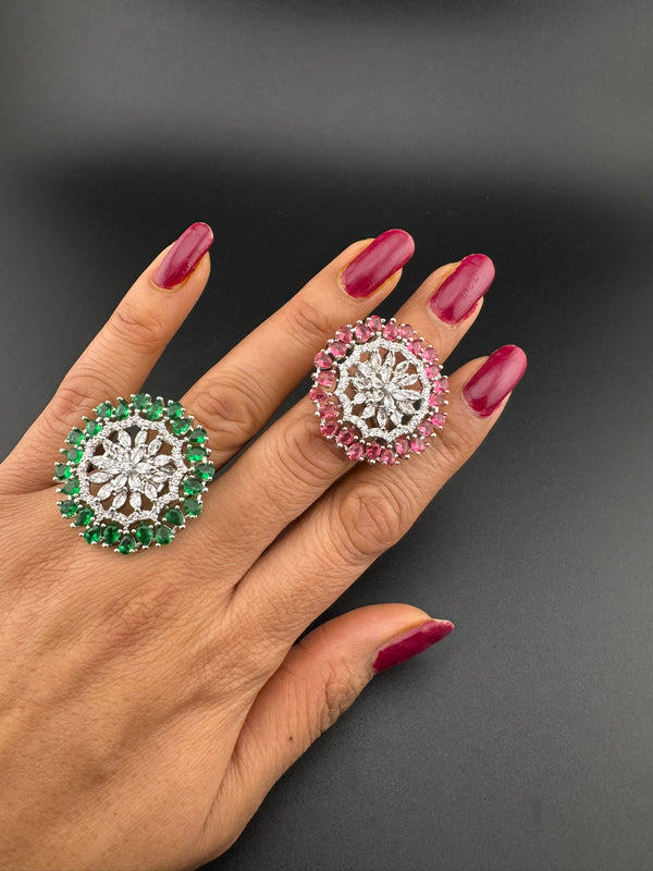 Premium Silver color Adjustable Big Ring in Crystals and Cubic Zirconia in Unique Design