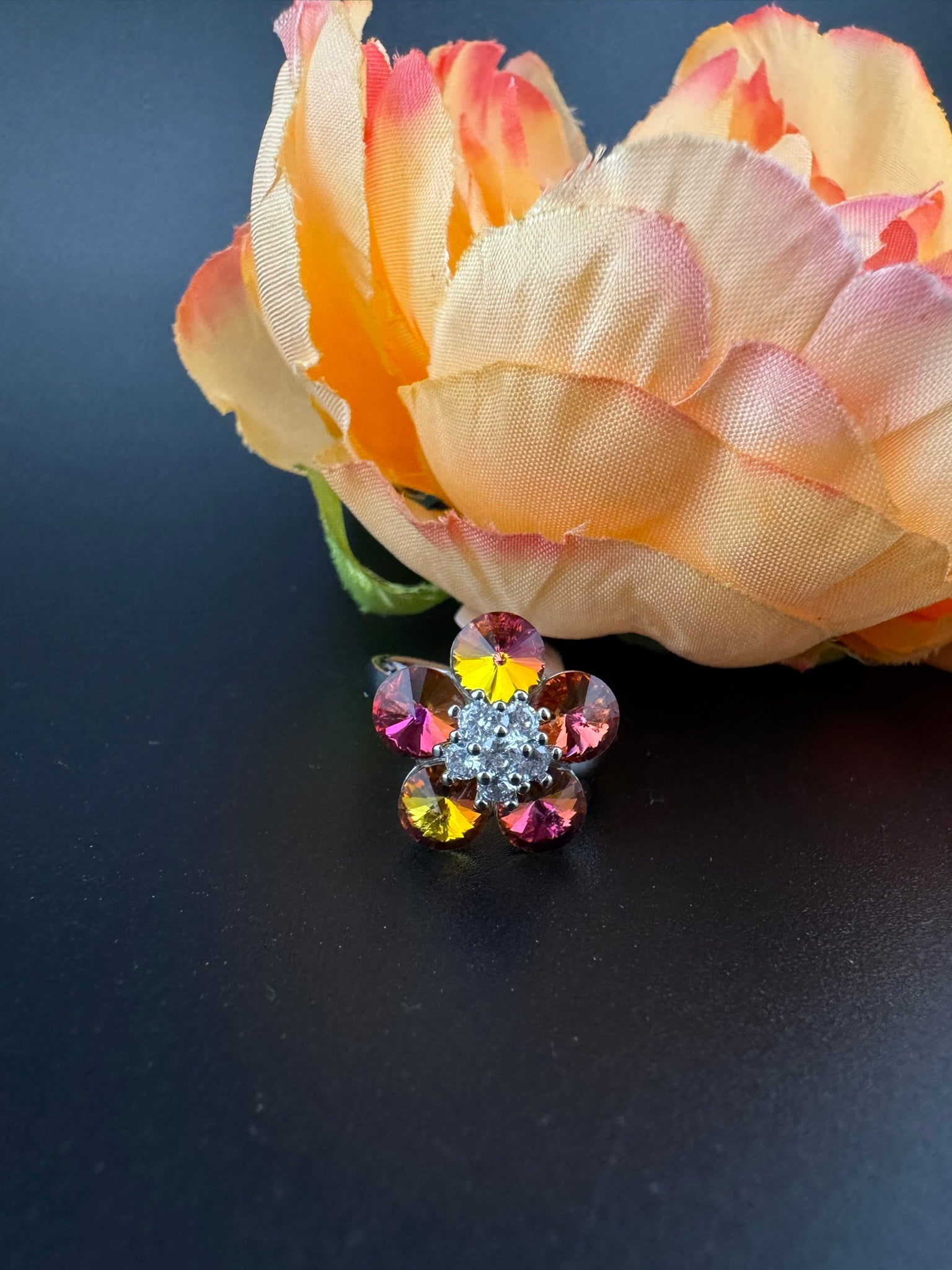 Premium Adjustable Round small Ring with Swarovski crystals and CZ