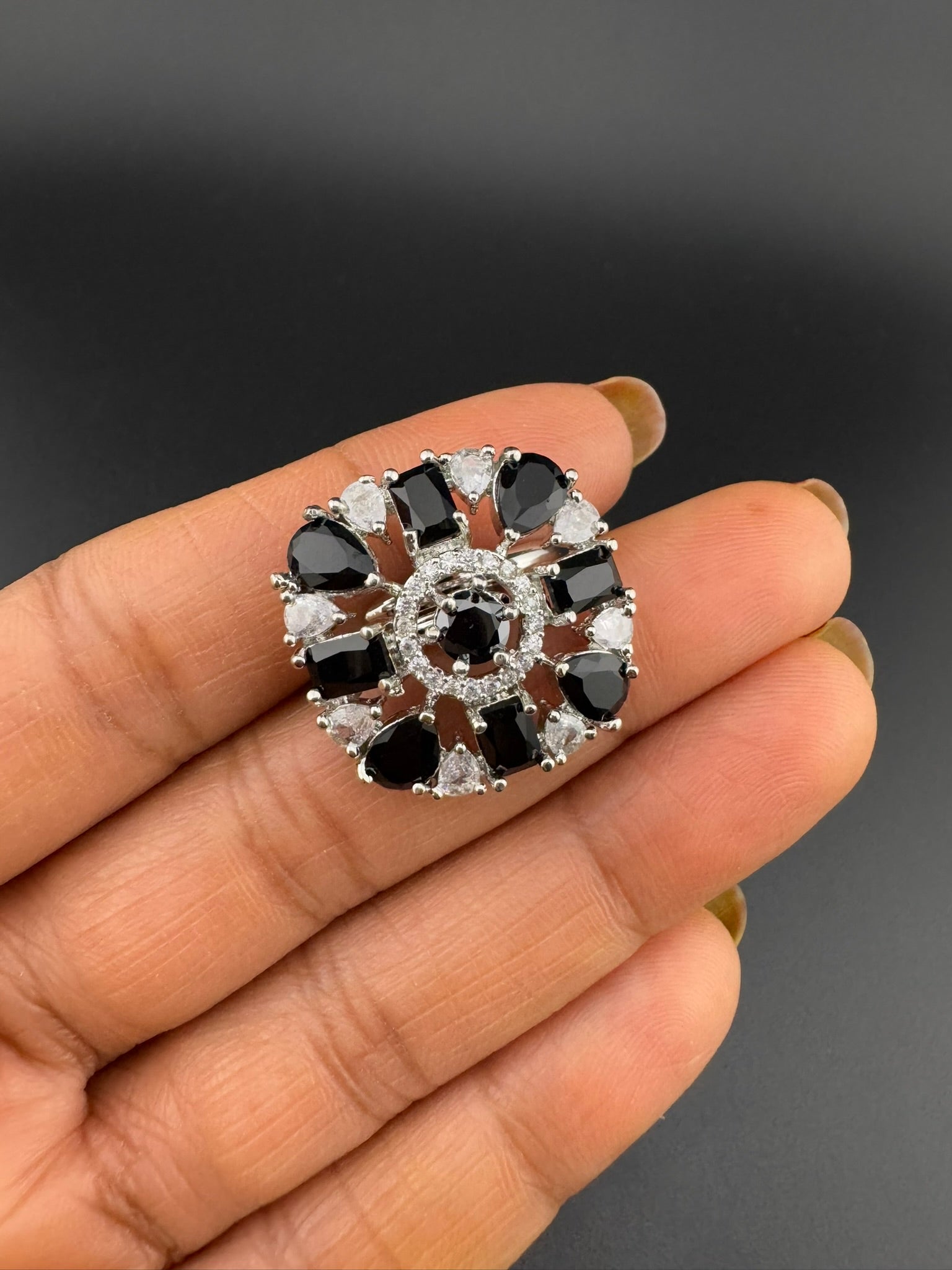 Premium Silver color Adjustable Square Ring in Crystals and Cubic Zirconia in Unique Design