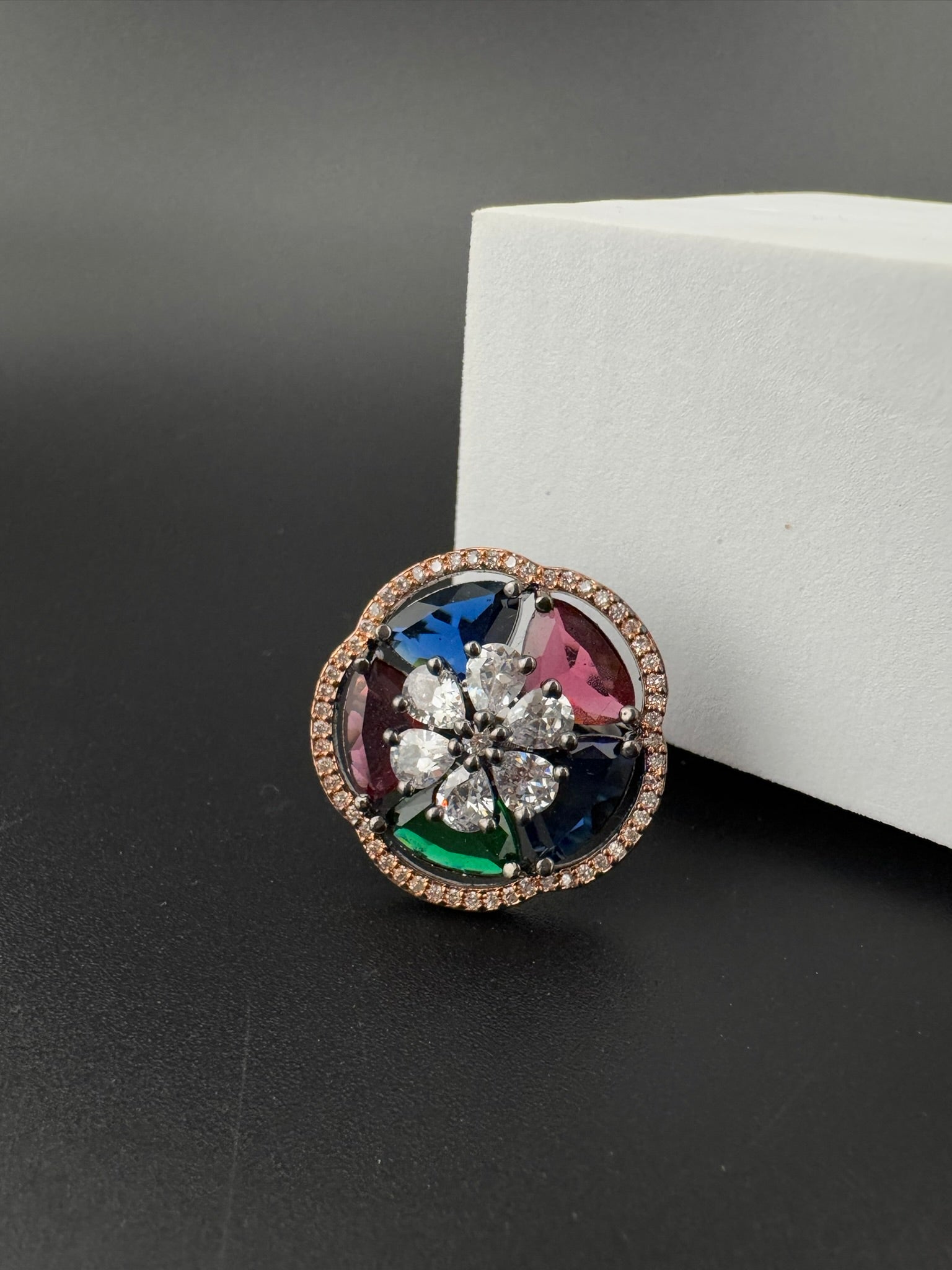 Premium Victorian Adjustable Round Ring in Crystals and Cubic Zirconia in Unique Design