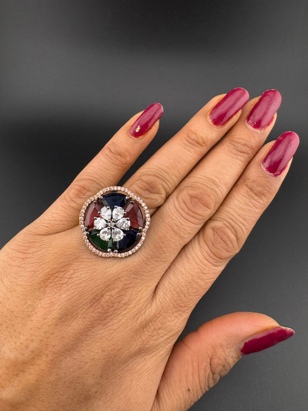 Premium Victorian Adjustable Round Ring in Crystals and Cubic Zirconia in Unique Design