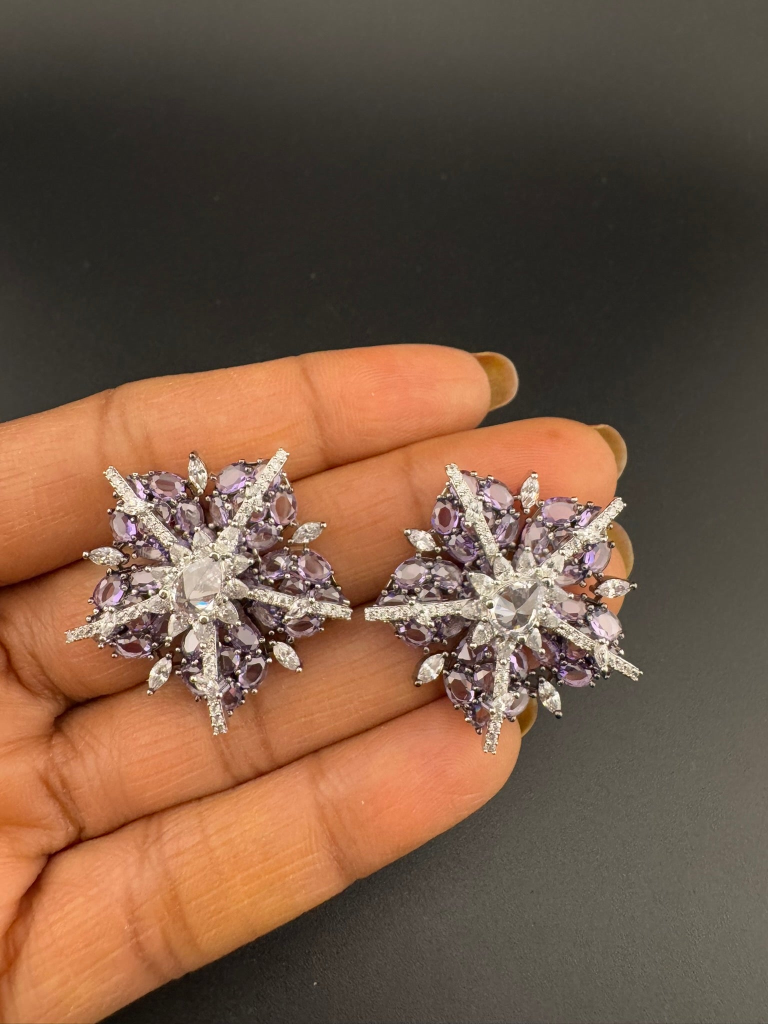 Premium Nano Setting Cubic Zirconia, Crystal stones in Unique setting is Victorian designer Inspired Statement Oversized Stud earrings