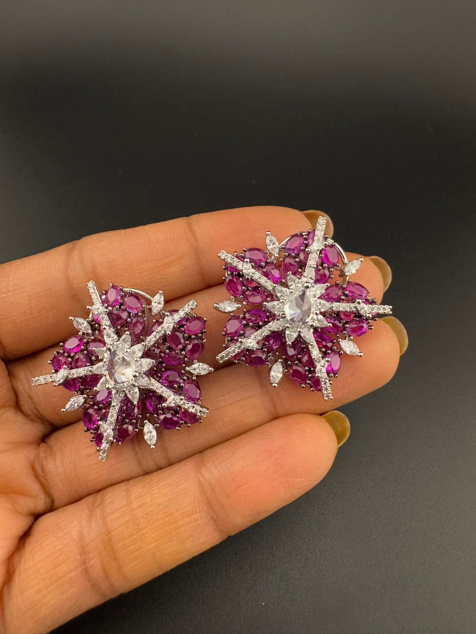 Premium Nano Setting Cubic Zirconia, Crystal stones in Unique setting is Victorian designer Inspired Statement Oversized Stud earrings