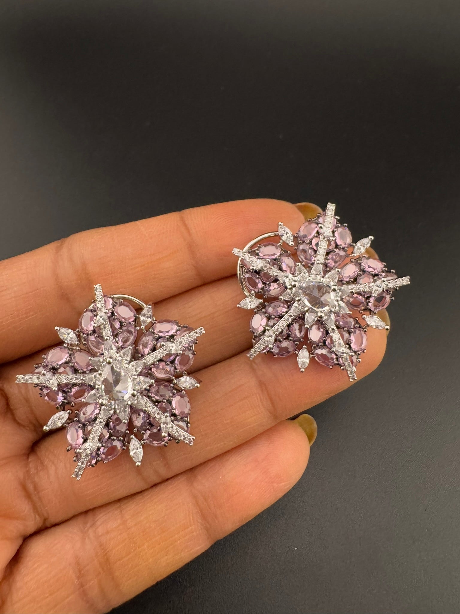 Premium Nano Setting Cubic Zirconia, Crystal stones in Unique setting is Victorian designer Inspired Statement Oversized Stud earrings