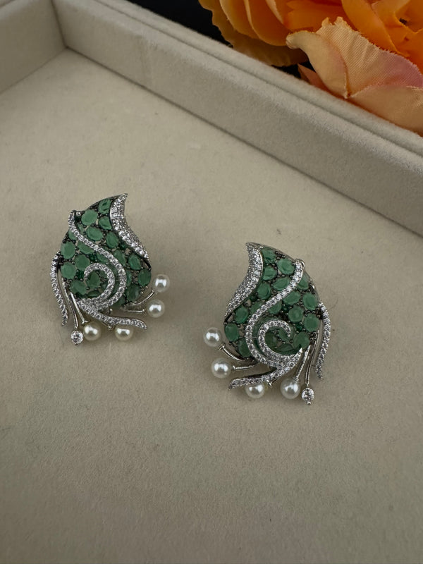 Premium Nano Setting Cubic Zirconia, Crystal stones in Unique setting is designer Inspired Statement Silver colored Stud earrings