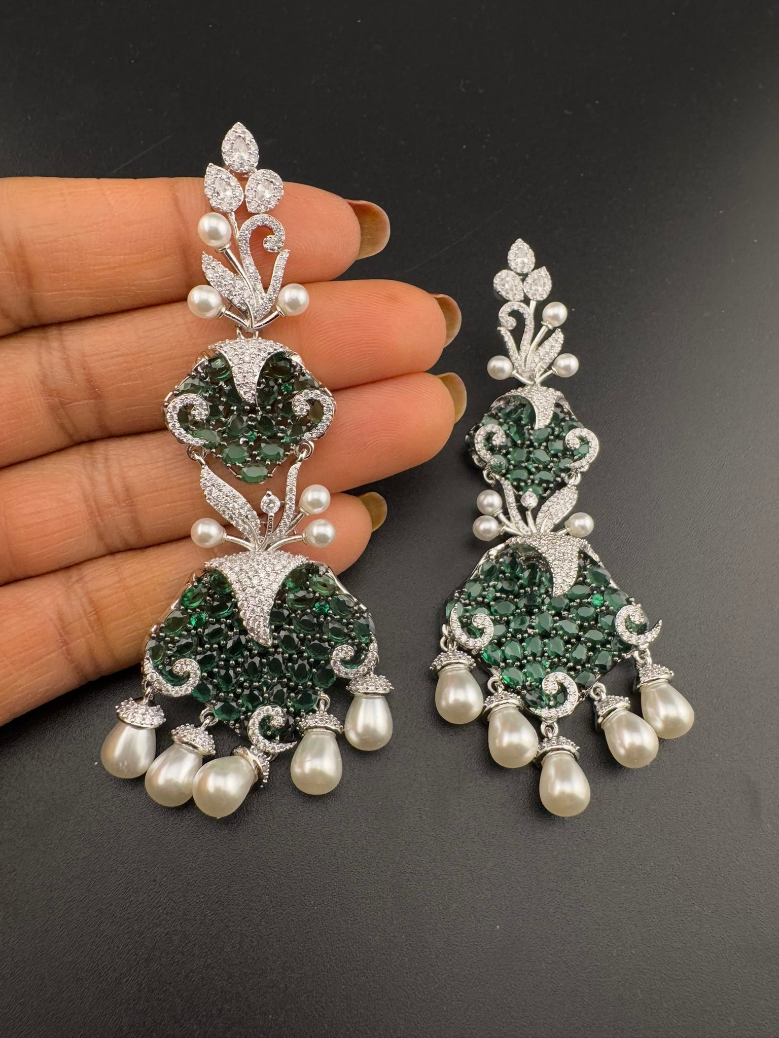 Premium 3D Nano Setting Cubic Zirconia with Pearls is designer Inspired Statement Drop Dangle Long earring