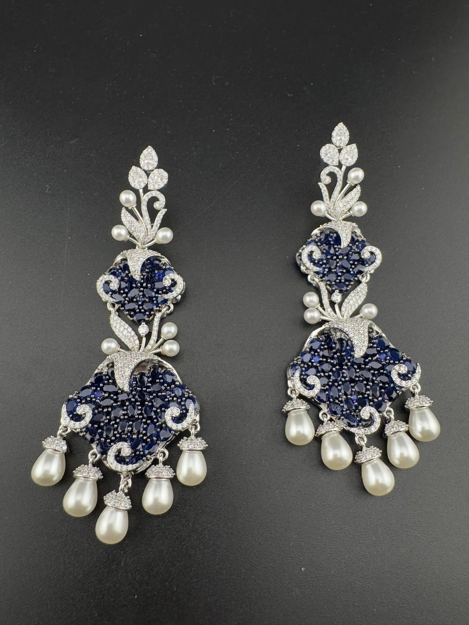 Premium 3D Nano Setting Cubic Zirconia with Pearls is designer Inspired Statement Drop Dangle Long earring