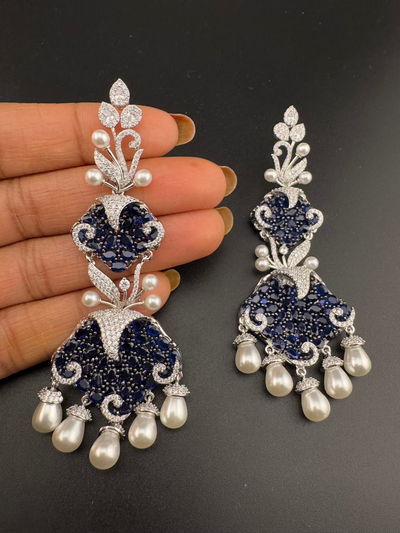 Premium 3D Nano Setting Cubic Zirconia with Pearls is designer Inspired Statement Drop Dangle Long earring