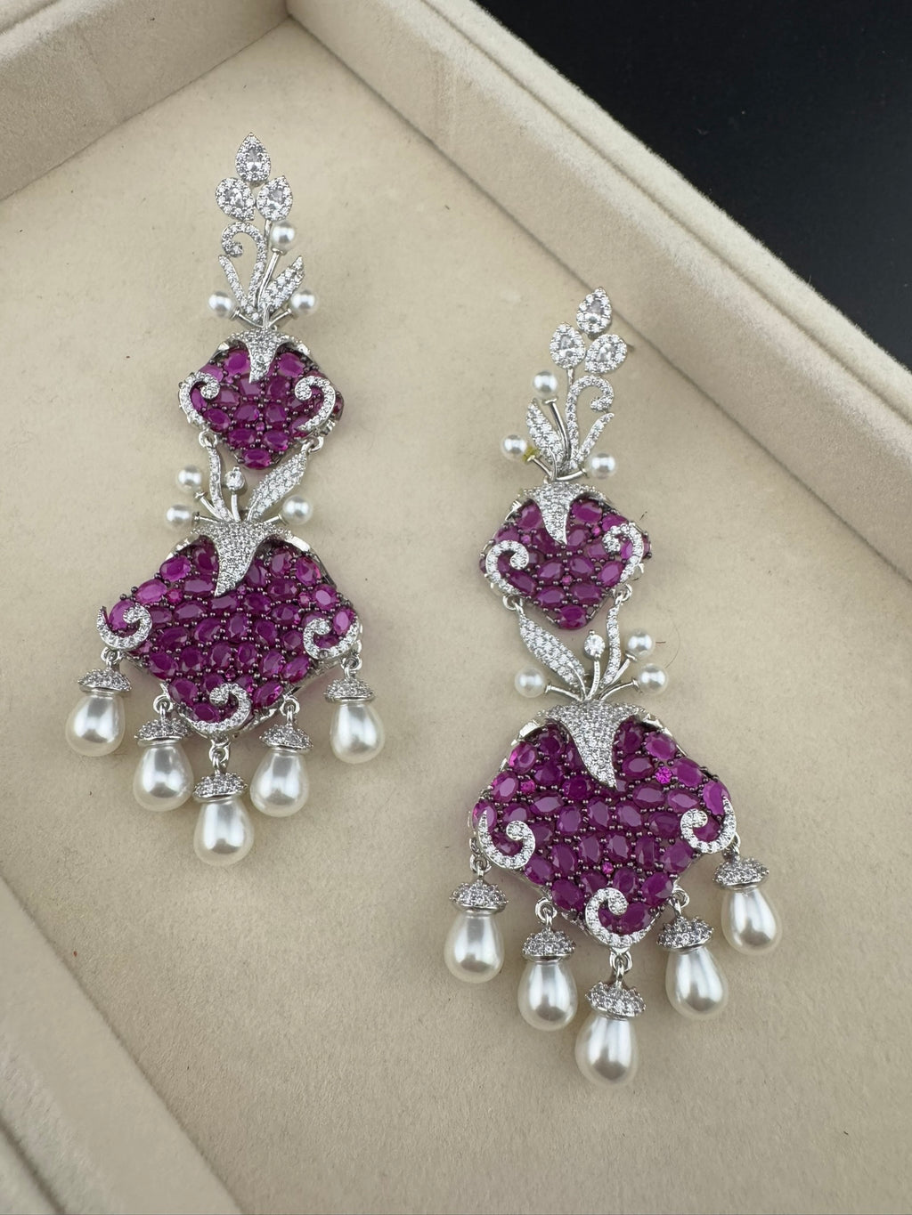 Premium 3D Nano Setting Cubic Zirconia with Pearls is designer Inspired Statement Drop Dangle Long earring