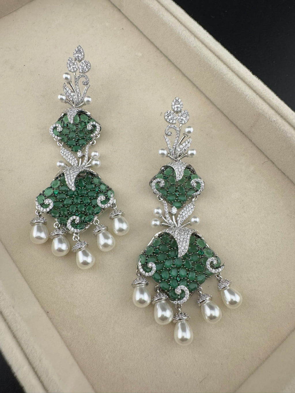 Premium 3D Nano Setting Cubic Zirconia with Pearls is designer Inspired Statement Drop Dangle Long earring