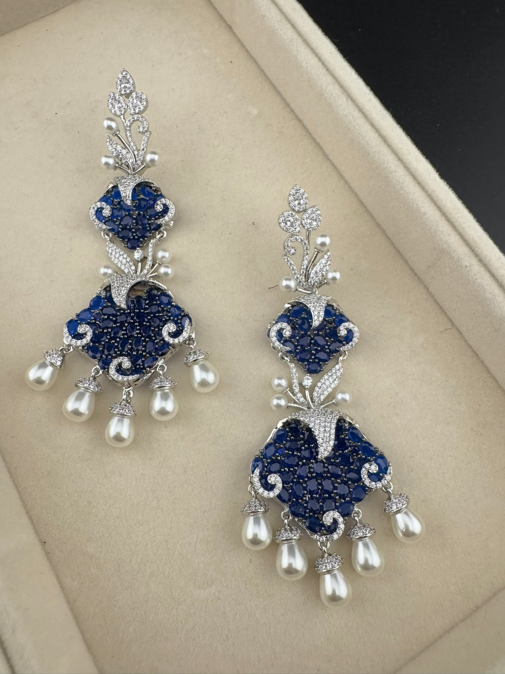 Premium 3D Nano Setting Cubic Zirconia with Pearls is designer Inspired Statement Drop Dangle Long earring