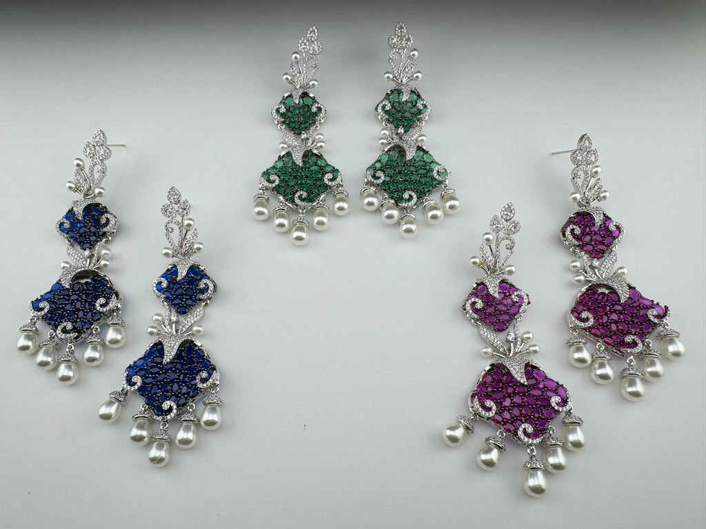 Premium 3D Nano Setting Cubic Zirconia with Pearls is designer Inspired Statement Drop Dangle Long earring