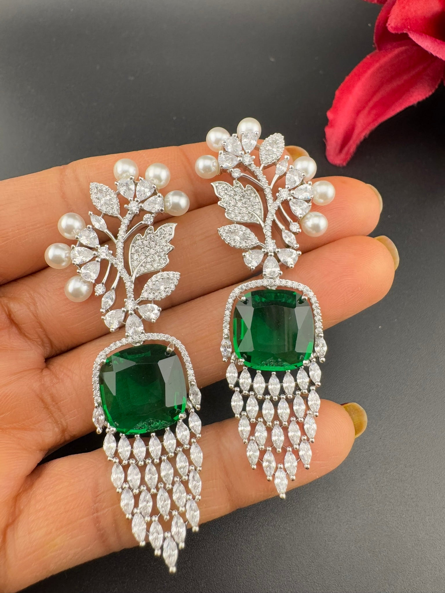 Premium Nano Setting Cubic Zirconia with Pearls is designer Inspired Statement Drop Dangle Long earring