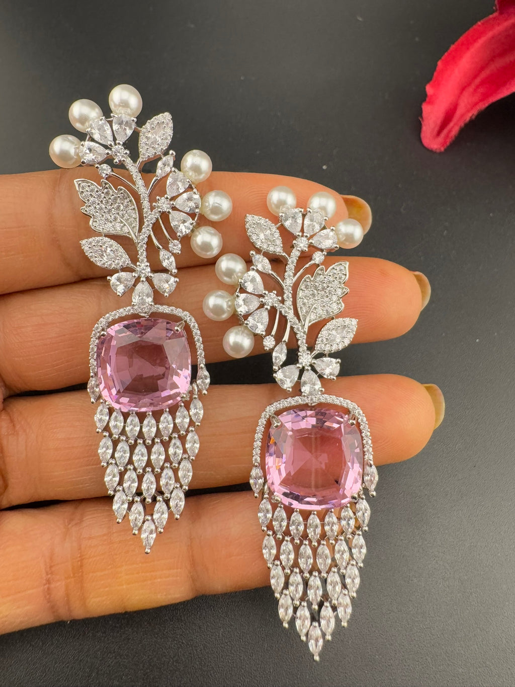 Premium Nano Setting Cubic Zirconia with Pearls is designer Inspired Statement Drop Dangle Long earring