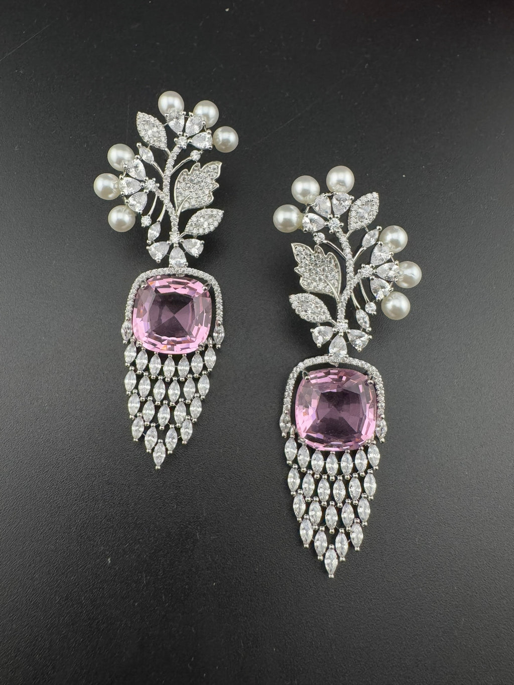 Premium Nano Setting Cubic Zirconia with Pearls is designer Inspired Statement Drop Dangle Long earring