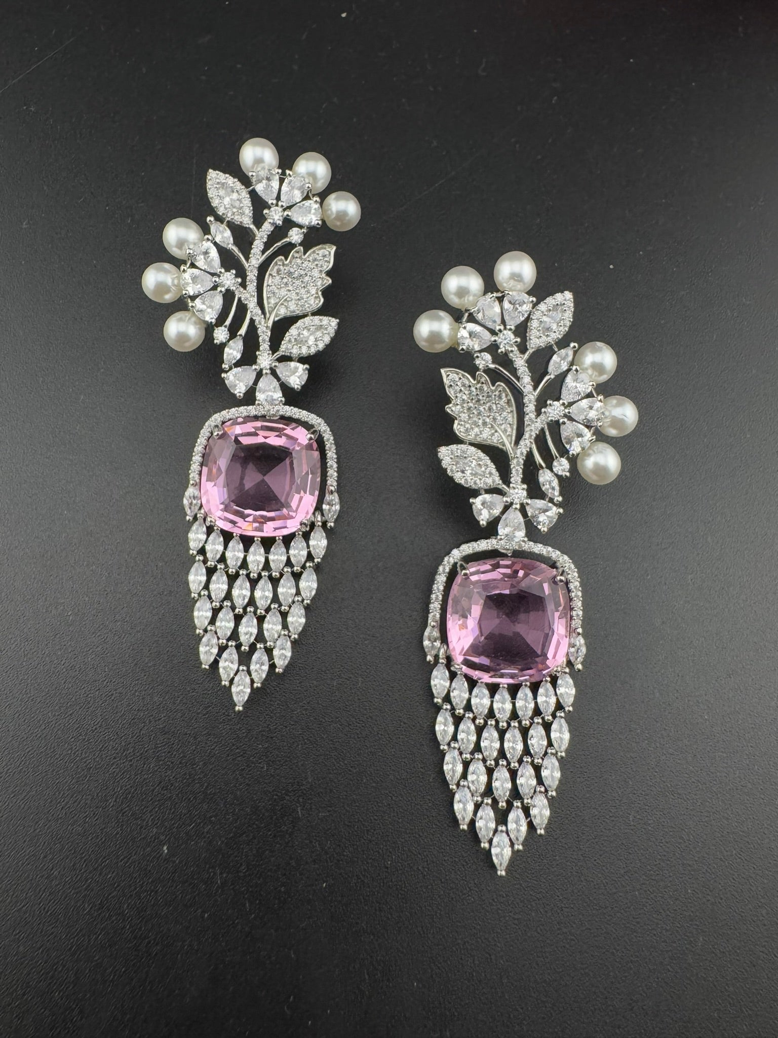 Premium Nano Setting Cubic Zirconia with Pearls is designer Inspired Statement Drop Dangle Long earring