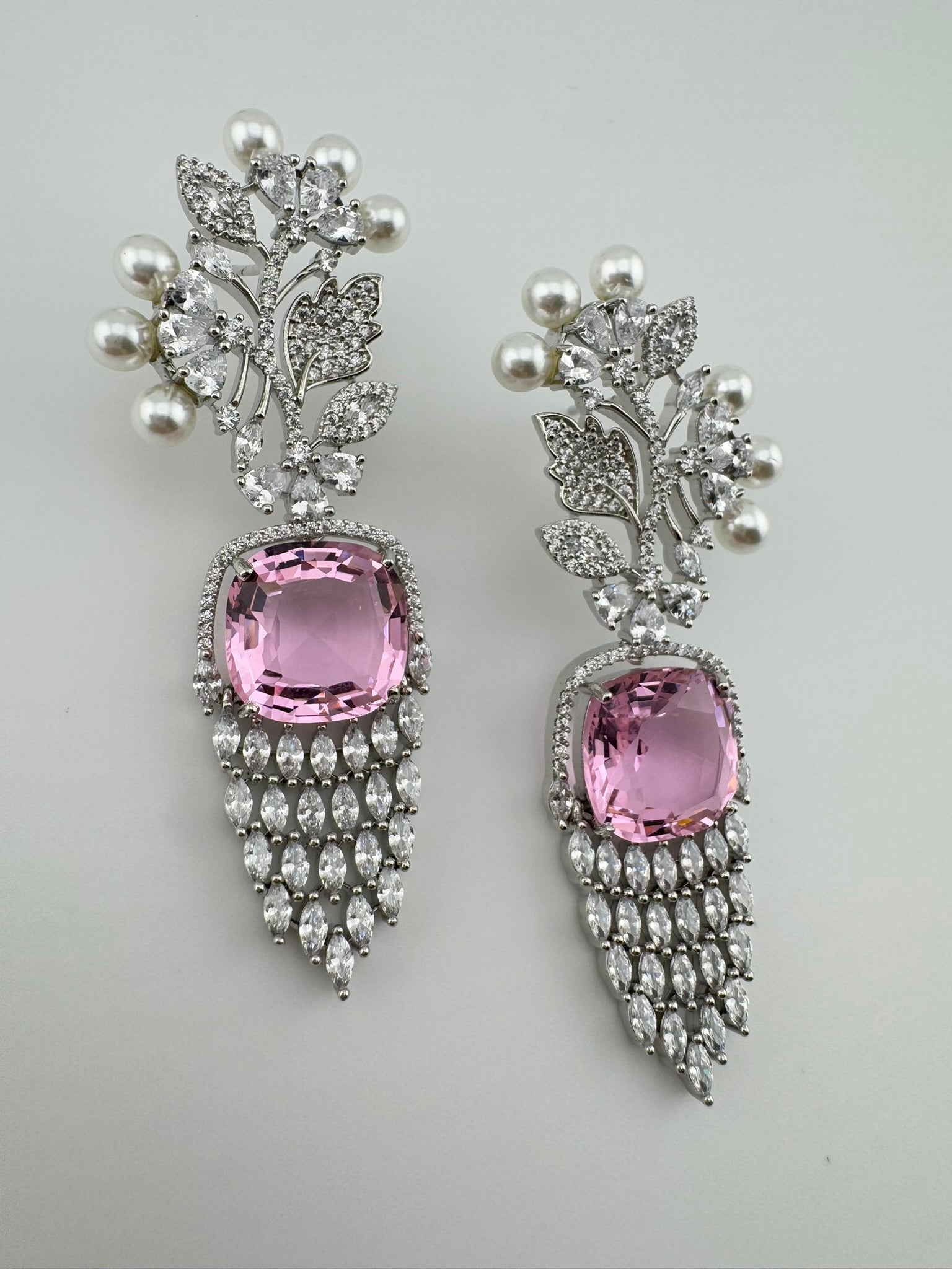 Premium Nano Setting Cubic Zirconia with Pearls is designer Inspired Statement Drop Dangle Long earring