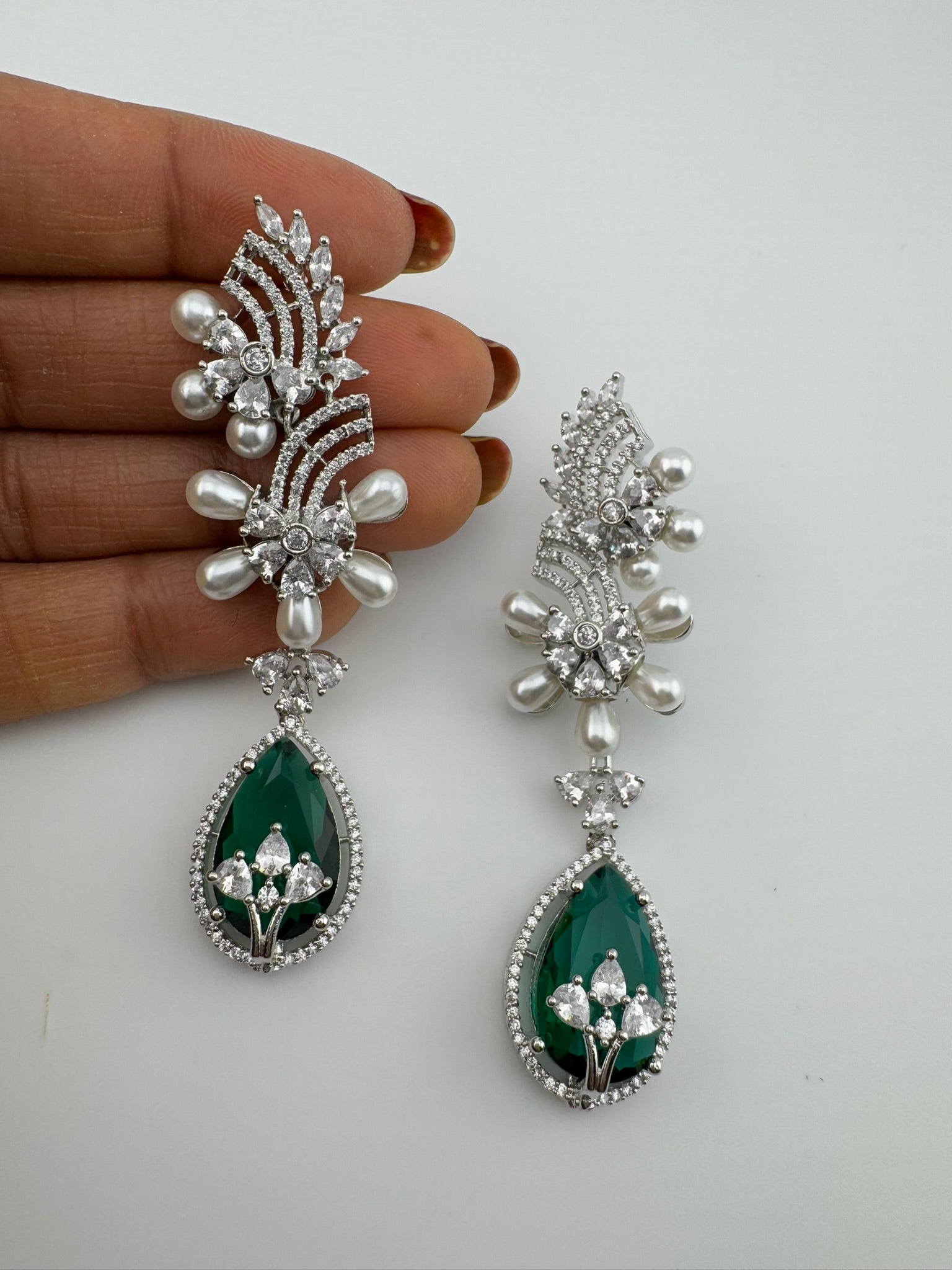 Premium Nano Setting Cubic Zirconia with Pearls is designer Inspired Statement Drop Dangle Long earring