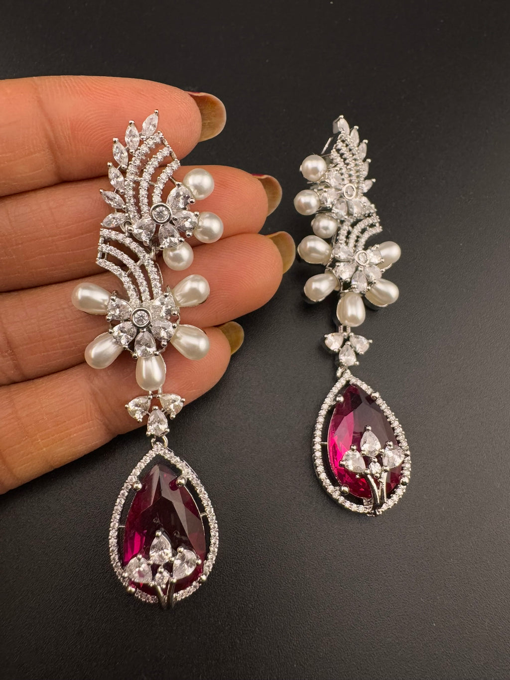 Premium Nano Setting Cubic Zirconia with Pearls is designer Inspired Statement Drop Dangle Long earring