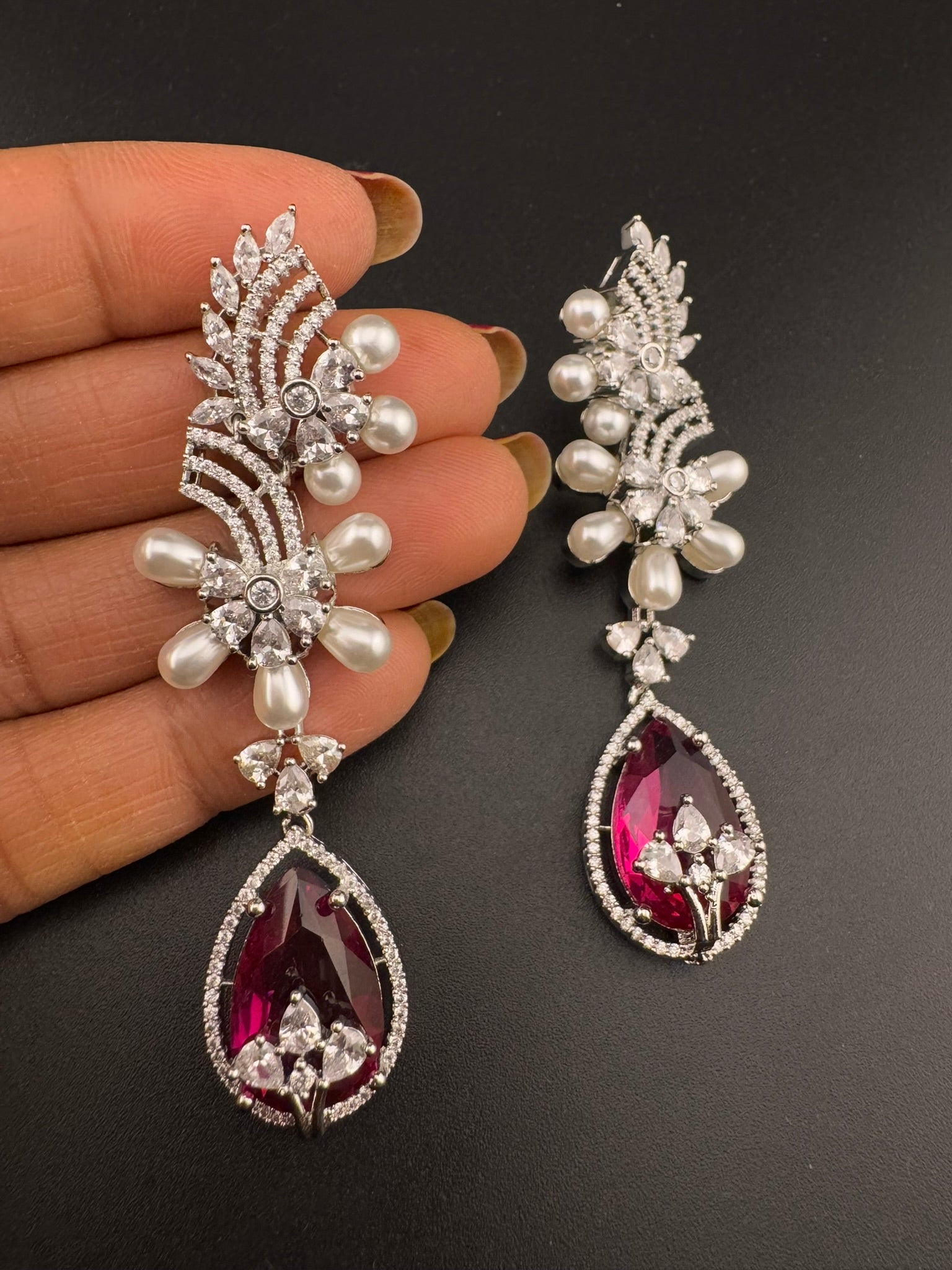 Premium Nano Setting Cubic Zirconia with Pearls is designer Inspired Statement Drop Dangle Long earring