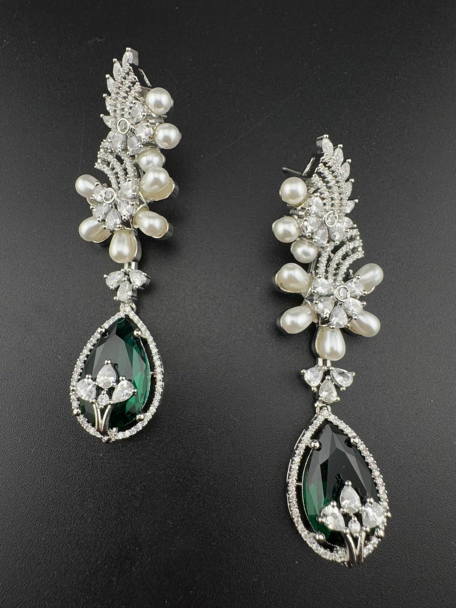 Premium Nano Setting Cubic Zirconia with Pearls is designer Inspired Statement Drop Dangle Long earring