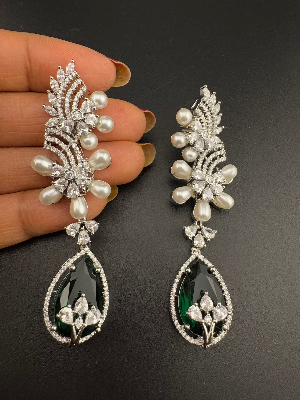 Premium Nano Setting Cubic Zirconia with Pearls is designer Inspired Statement Drop Dangle Long earring