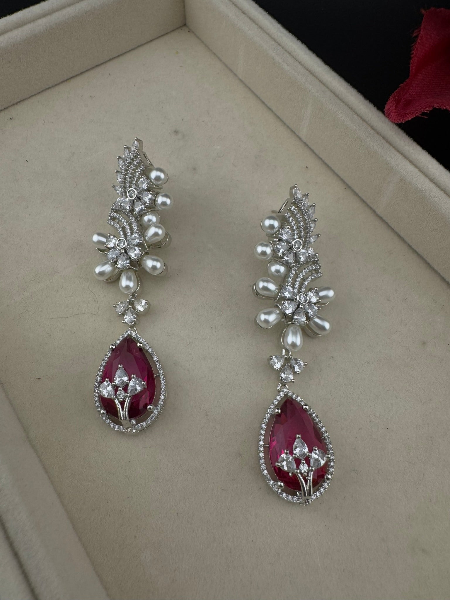 Premium Nano Setting Cubic Zirconia with Pearls is designer Inspired Statement Drop Dangle Long earring