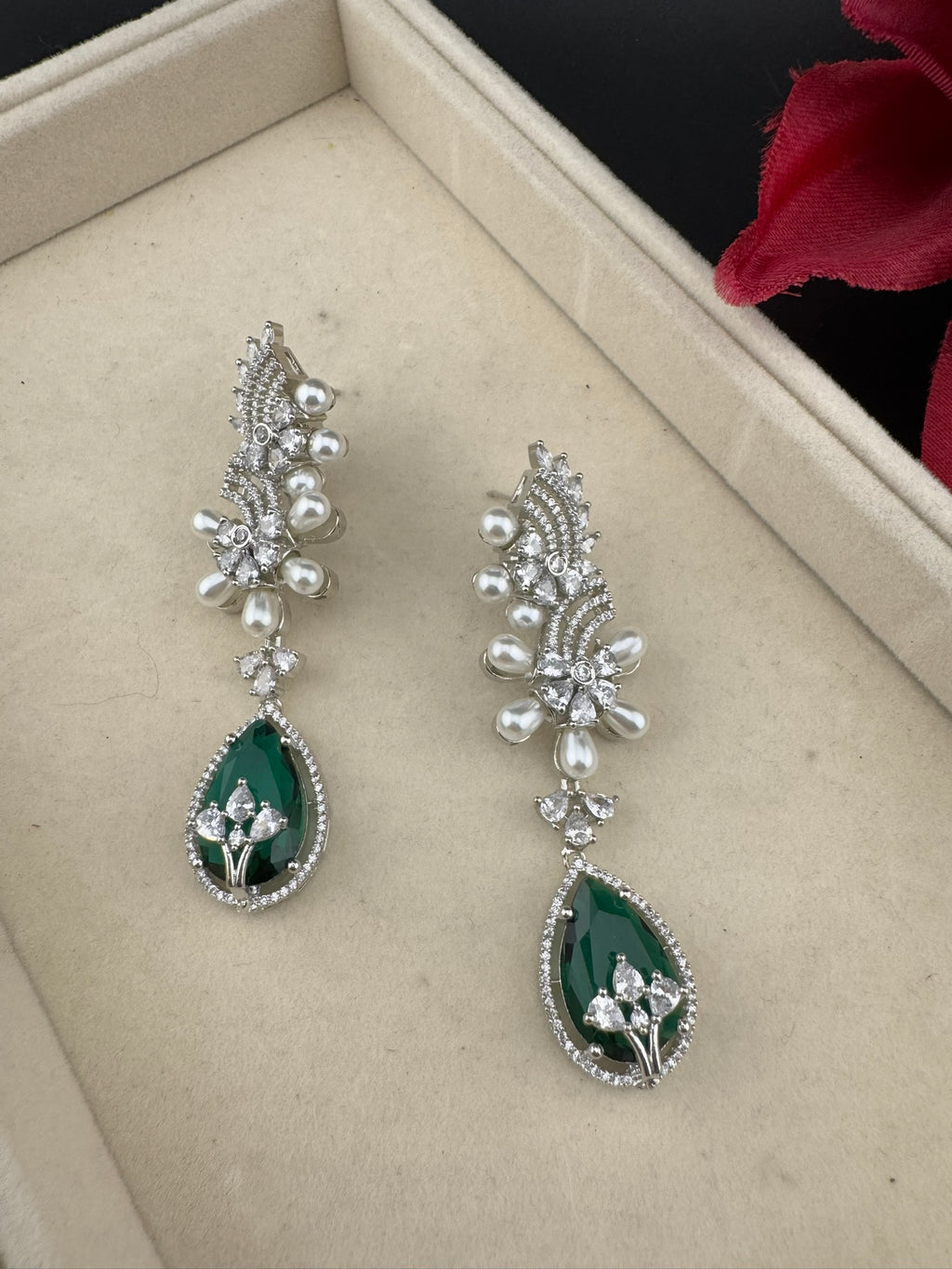 Premium Nano Setting Cubic Zirconia with Pearls is designer Inspired Statement Drop Dangle Long earring