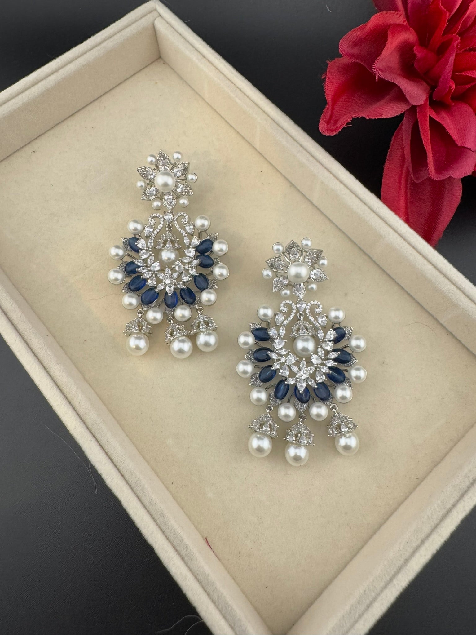 Premium Nano Setting Cubic Zirconia with Blue stones and Pearls is designer Inspired Statement Drop Dangle Long Chandbali earring