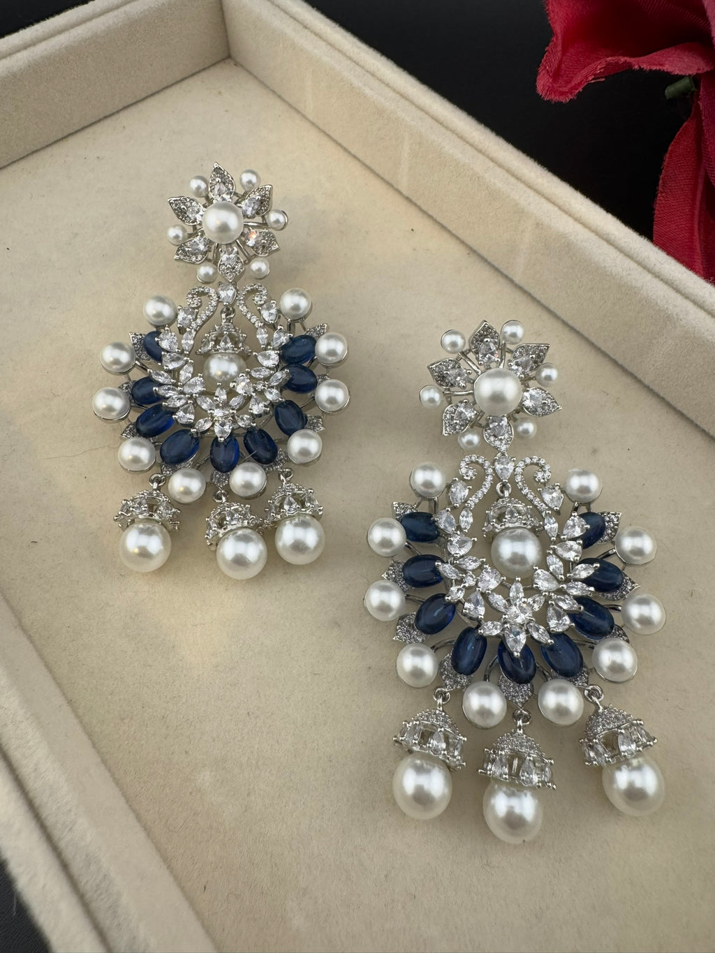 Premium Nano Setting Cubic Zirconia with Blue stones and Pearls is designer Inspired Statement Drop Dangle Long Chandbali earring