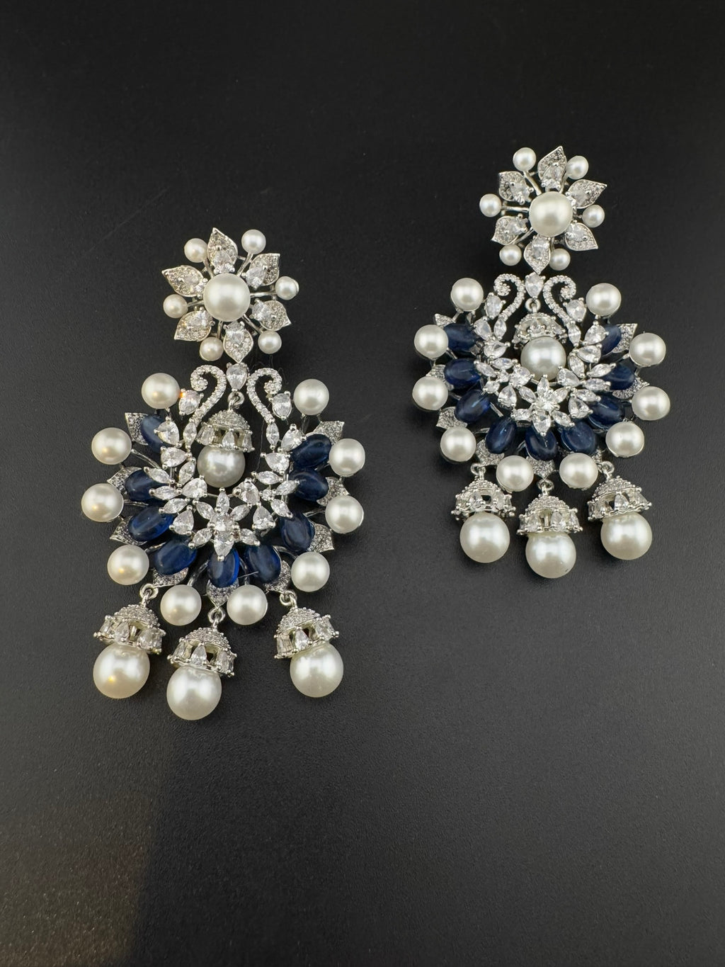 Premium Nano Setting Cubic Zirconia with Blue stones and Pearls is designer Inspired Statement Drop Dangle Long Chandbali earring