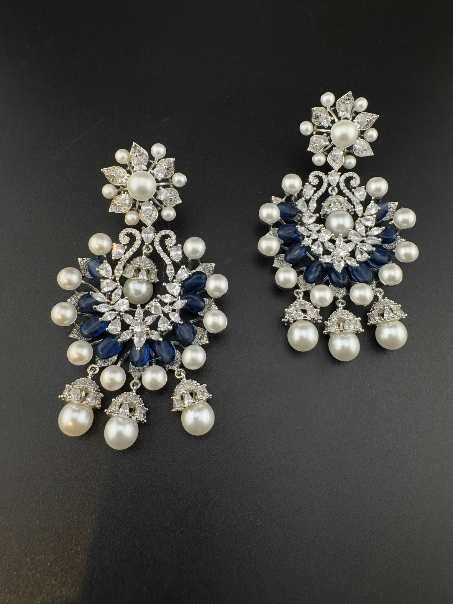Premium Nano Setting Cubic Zirconia with Blue stones and Pearls is designer Inspired Statement Drop Dangle Long Chandbali earring
