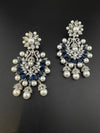 Premium Nano Setting Cubic Zirconia with Blue stones and Pearls is designer Inspired Statement Drop Dangle Long Chandbali earring