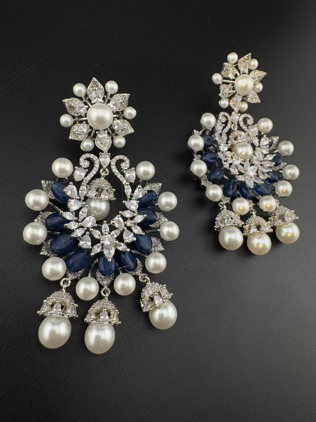 Premium Nano Setting Cubic Zirconia with Blue stones and Pearls is designer Inspired Statement Drop Dangle Long Chandbali earring