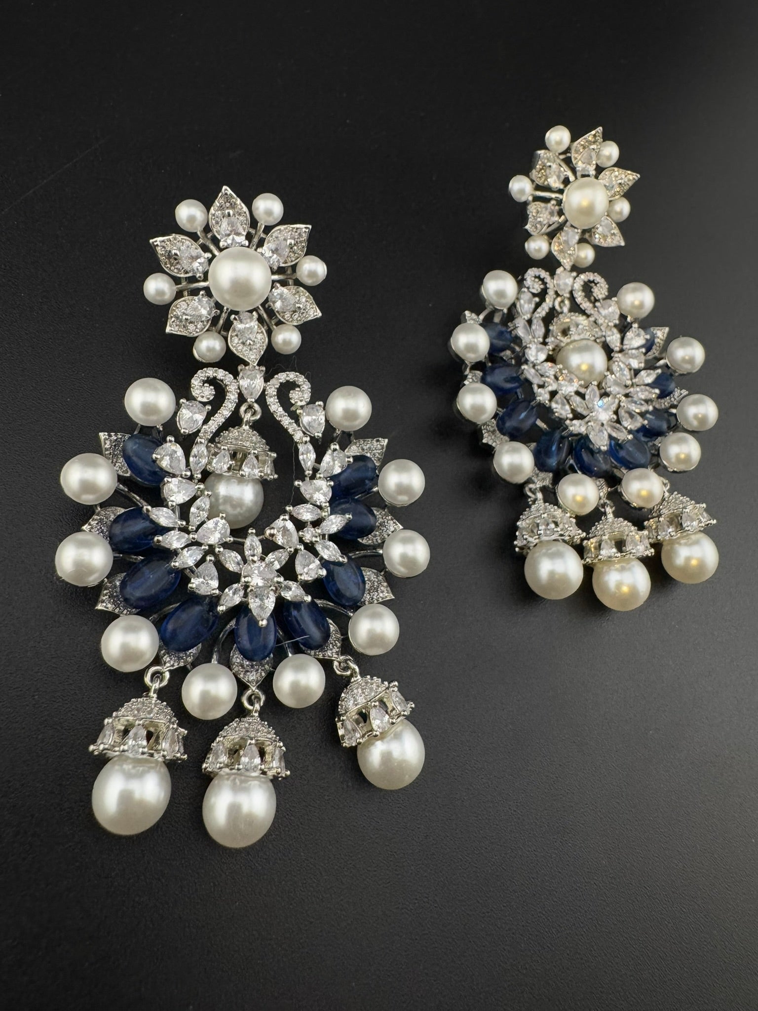 Premium Nano Setting Cubic Zirconia with Blue stones and Pearls is designer Inspired Statement Drop Dangle Long Chandbali earring