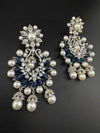 Premium Nano Setting Cubic Zirconia with Blue stones and Pearls is designer Inspired Statement Drop Dangle Long Chandbali earring