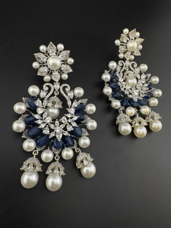 Premium Nano Setting Cubic Zirconia with Blue stones and Pearls is designer Inspired Statement Drop Dangle Long Chandbali earring