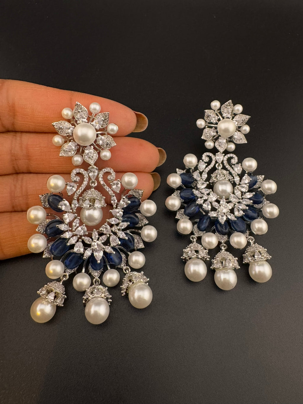 Premium Nano Setting Cubic Zirconia with Blue stones and Pearls is designer Inspired Statement Drop Dangle Long Chandbali earring