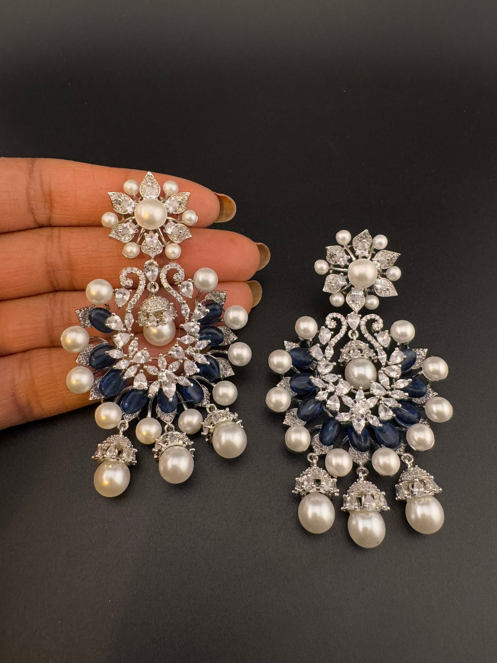 Premium Nano Setting Cubic Zirconia with Blue stones and Pearls is designer Inspired Statement Drop Dangle Long Chandbali earring