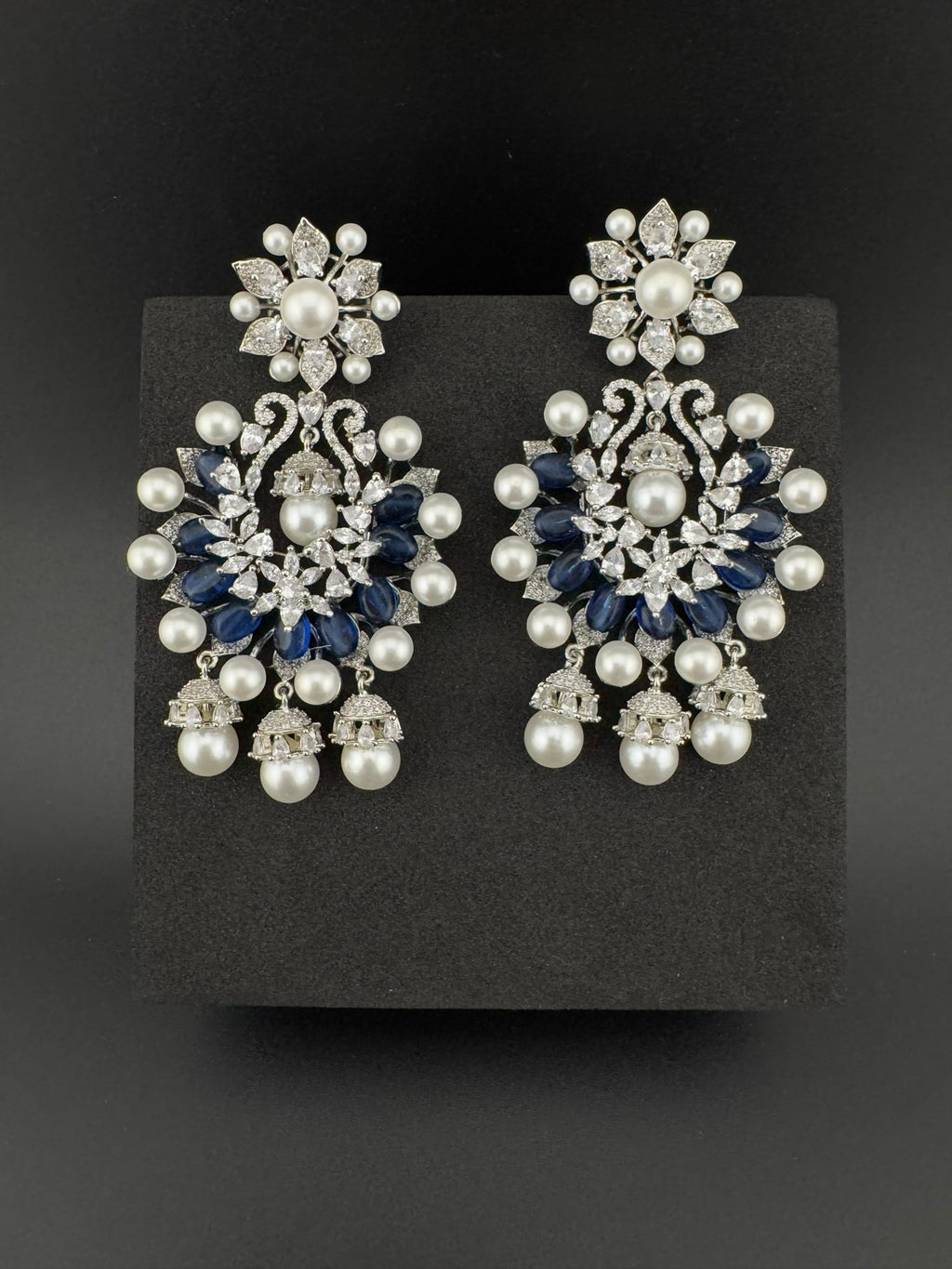 Premium Nano Setting Cubic Zirconia with Blue stones and Pearls is designer Inspired Statement Drop Dangle Long Chandbali earring