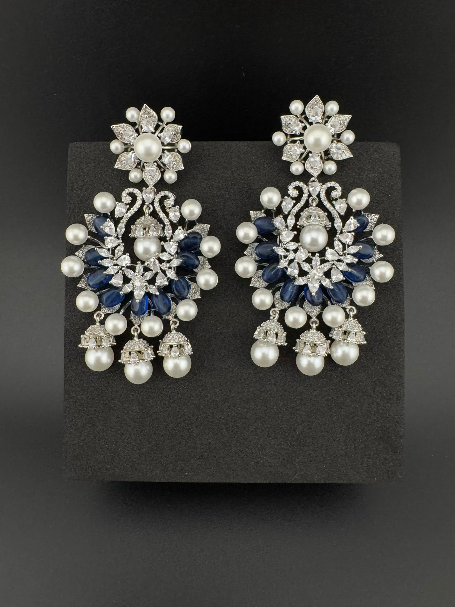 Premium Nano Setting Cubic Zirconia with Blue stones and Pearls is designer Inspired Statement Drop Dangle Long Chandbali earring