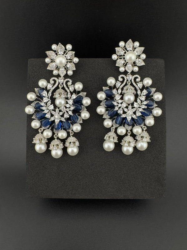 Premium Nano Setting Cubic Zirconia with Blue stones and Pearls is designer Inspired Statement Drop Dangle Long Chandbali earring