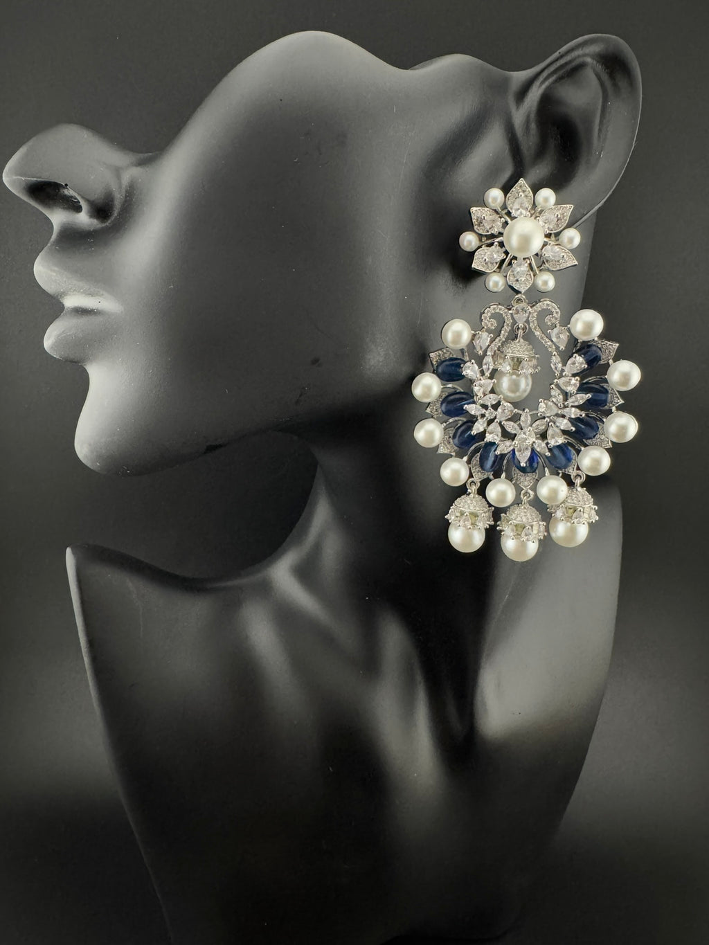 Premium Nano Setting Cubic Zirconia with Blue stones and Pearls is designer Inspired Statement Drop Dangle Long Chandbali earring