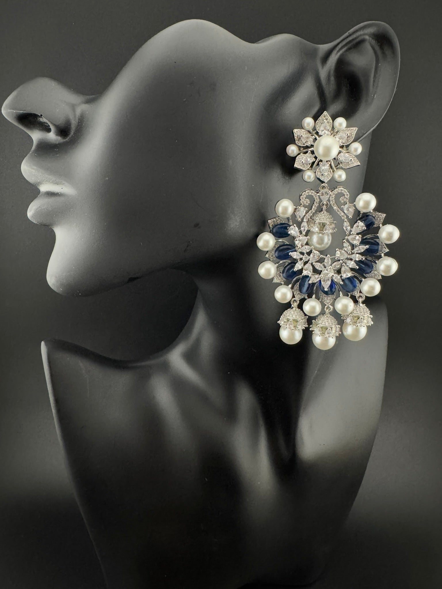Premium Nano Setting Cubic Zirconia with Blue stones and Pearls is designer Inspired Statement Drop Dangle Long Chandbali earring