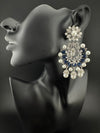 Premium Nano Setting Cubic Zirconia with Blue stones and Pearls is designer Inspired Statement Drop Dangle Long Chandbali earring
