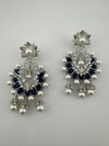 Premium Nano Setting Cubic Zirconia with Blue stones and Pearls is designer Inspired Statement Drop Dangle Long Chandbali earring