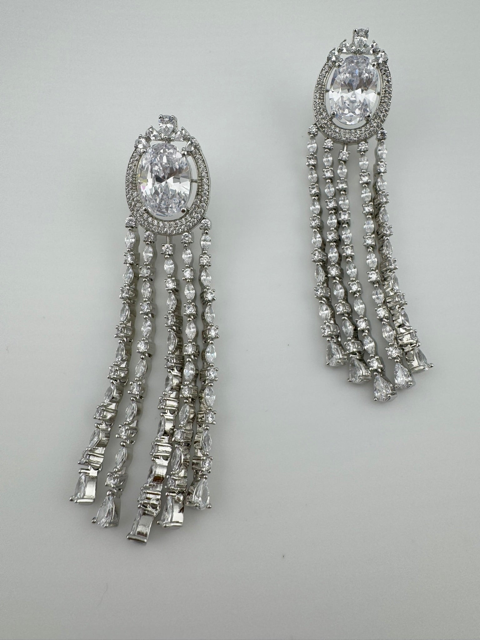 Premium silver color Cubic Zirconia long tassel earrings, high shine