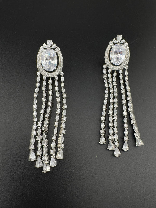 Premium silver color Cubic Zirconia long tassel earrings, high shine